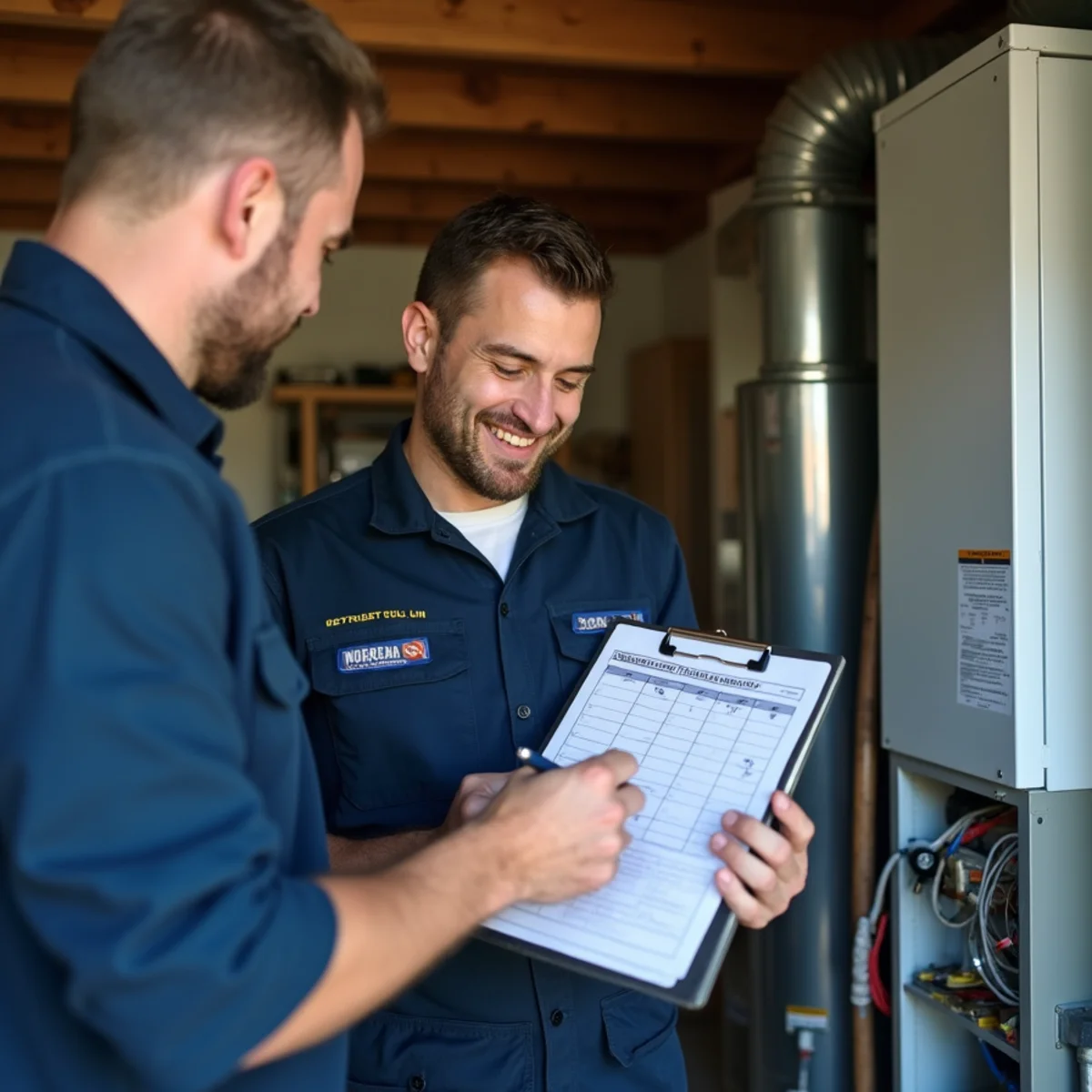 Technician performing a seasonal HVAC tune-up in an Illinois home